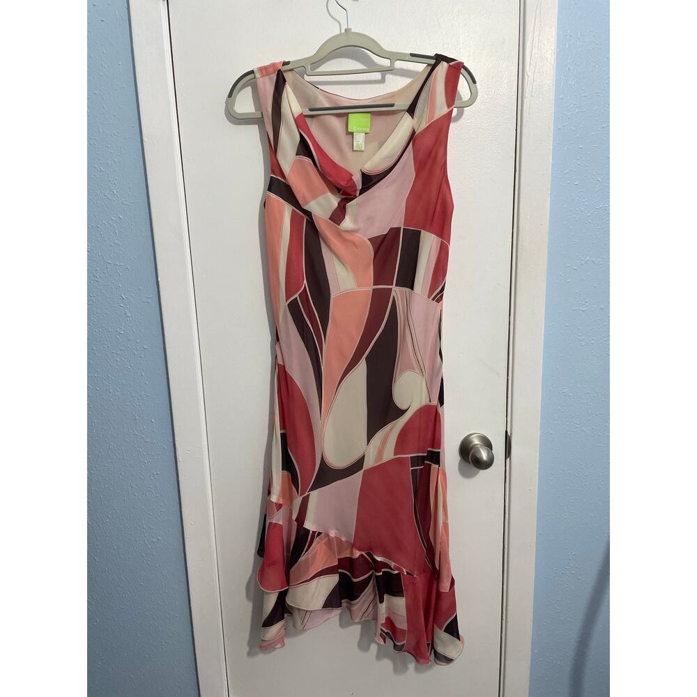 Y2K Citrine Dress Size 8 Pink Abstract Drape Neck Ruffle Hem Country Club Preppy